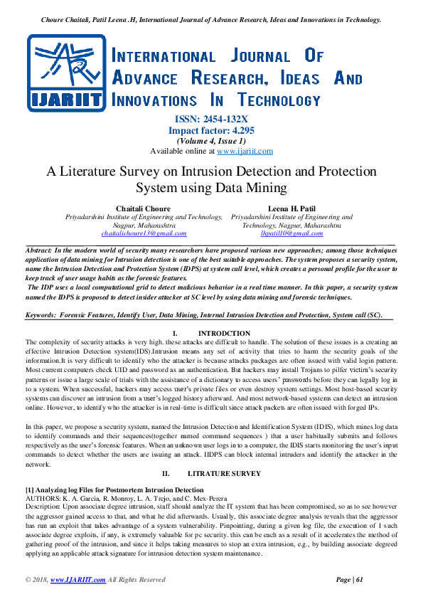 (PDF) A Literature Survey on Intrusion Detection and Protection System ...