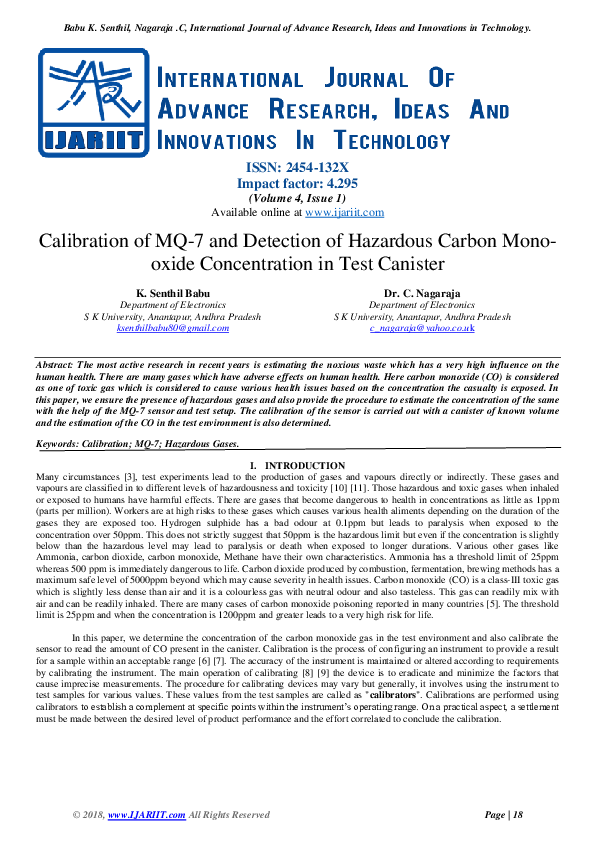 (PDF) Calibration of MQ-7 and Detection of Hazardous Carbon Mono- oxide ...