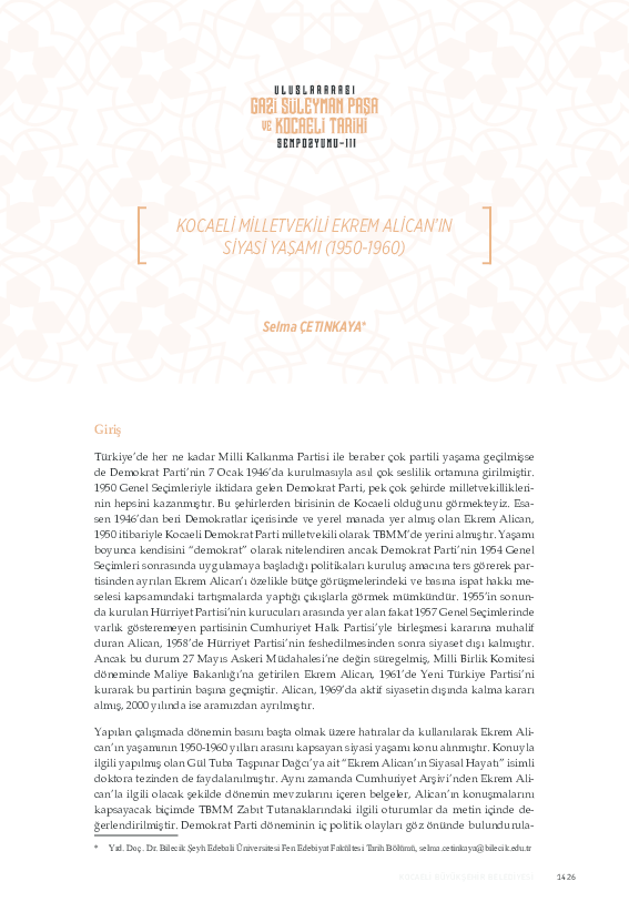 (PDF) Kocaeli Milletvekili Ekrem Alican'ın Siyasi Yaşamı (109501960