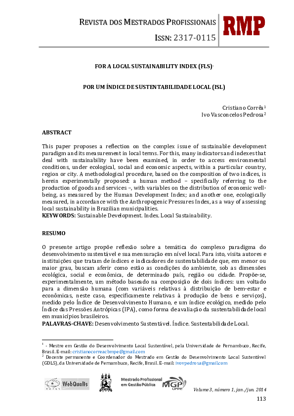 (PDF) FOR A LOCAL SUSTAINABILITY INDEX (FLS) * POR UM ÍNDICE DE ...