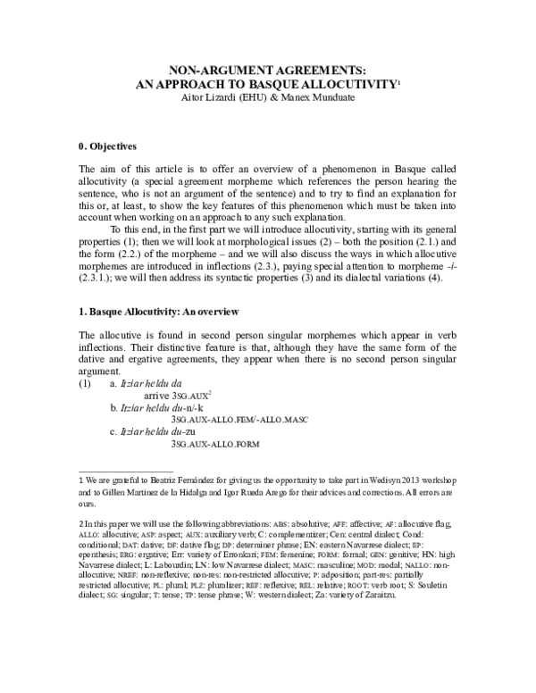 (PDF) Non-argument agreements: an approach to Basque allocutivity