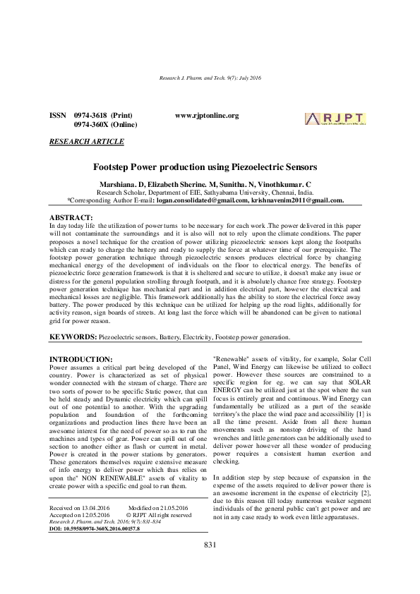 (PDF) Footstep Power production using Piezoelectric Sensors Aravind