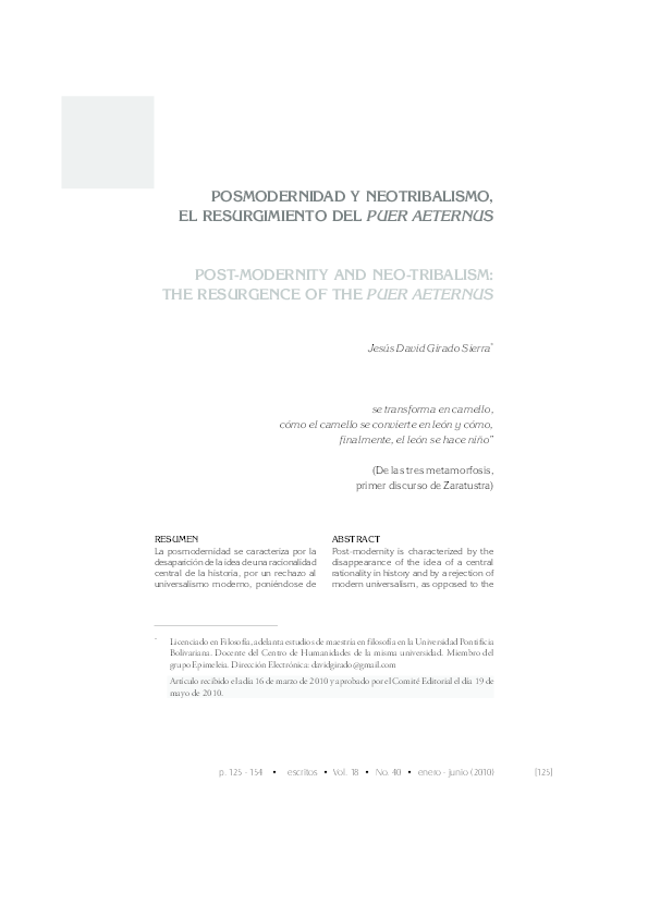(PDF) Posmodernidad y neotribalismo, el resurgimiento del puer aeternus