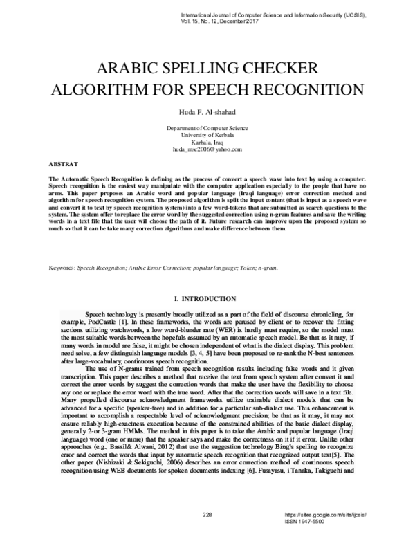 (PDF) ARABIC SPELLING CHECKER ALGORITHM FOR SPEECH RECOGNITION