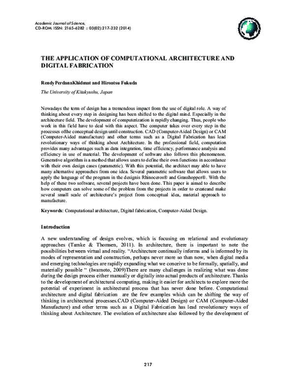 (PDF) THE APPLICATION OF COMPUTATIONAL ARCHITECTURE AND DIGITAL FABRICATION