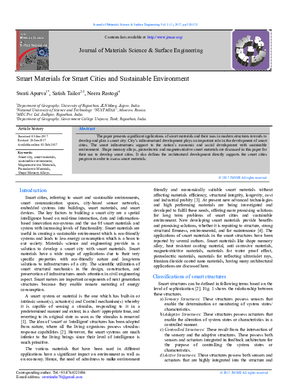 (PDF) Smart Materials for Smart Cities and Sustainable Environment