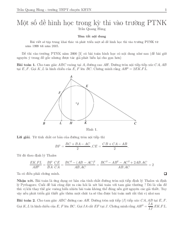 First page of “Một số đề hình học trong kỳ thi vào trường PTNK”