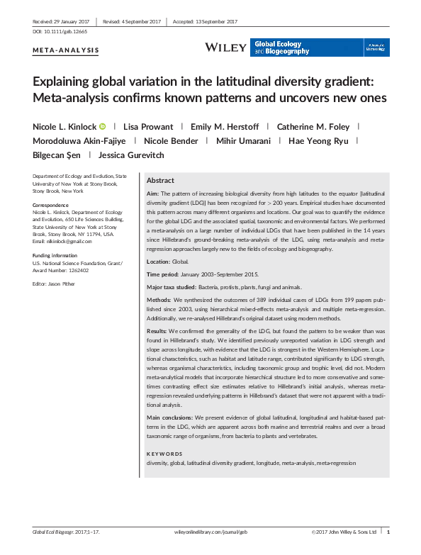 (PDF) Explaining global variation in the latitudinal diversity gradient ...