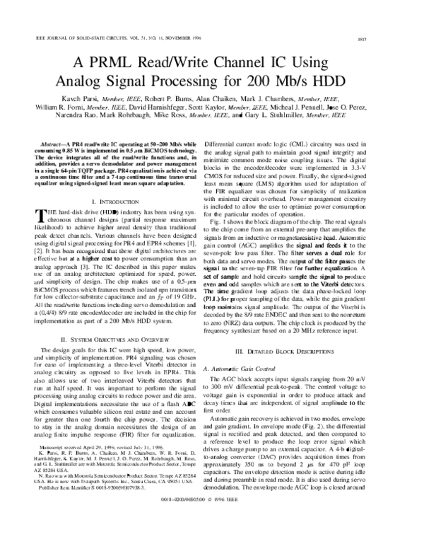 (PDF) A PRML ReadIWrite Channel IC: Using Analog Signal Processing for ...