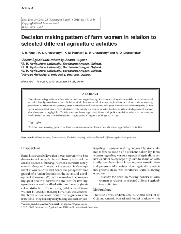 (PDF) DECISION MAKING PATTERN OF FARM WOMEN IN RELATION TO SELECTED ...