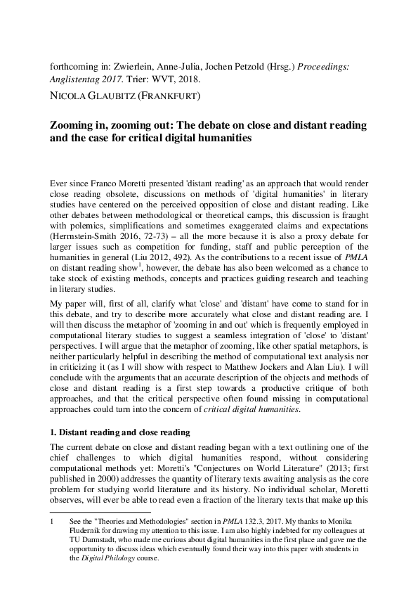 (PDF) „Zooming in, zooming out The debate on close and distant reading