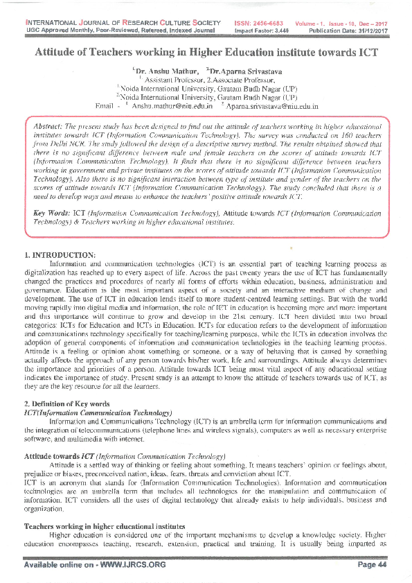 (PDF) Attitude of Teachers working in Higher Education Institute ...