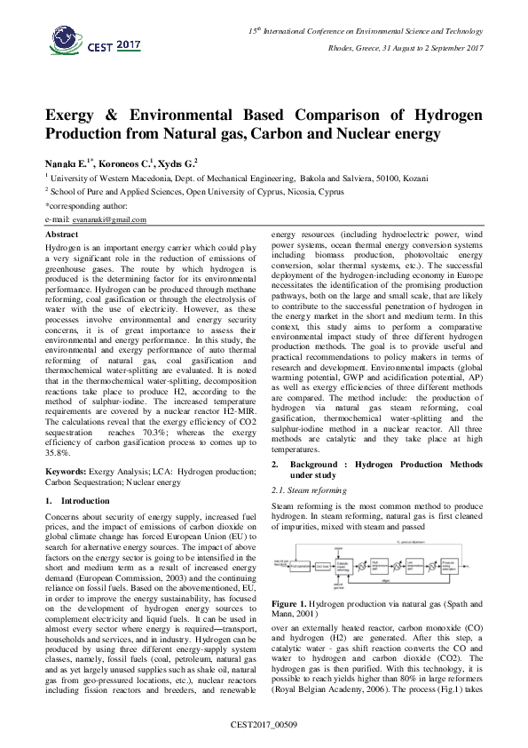(PDF) Exergy & Environmental Based Comparison of Hydrogen Production ...