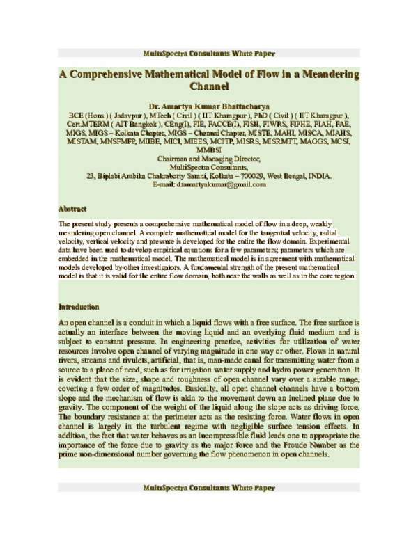 (PDF) A Comprehensive Mathematical Model of Flow in a Meandering Channel