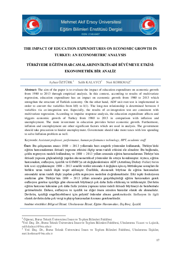 (PDF) THE IMPACT OF EDUCATION EXPENDITURES ON ECONOMIC GROWTH IN TURKEY ...