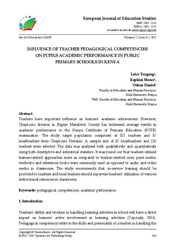(PDF) INFLUENCE OF TEACHER PEDAGOGICAL COMPETENCIES ON PUPILS ACADEMIC ...
