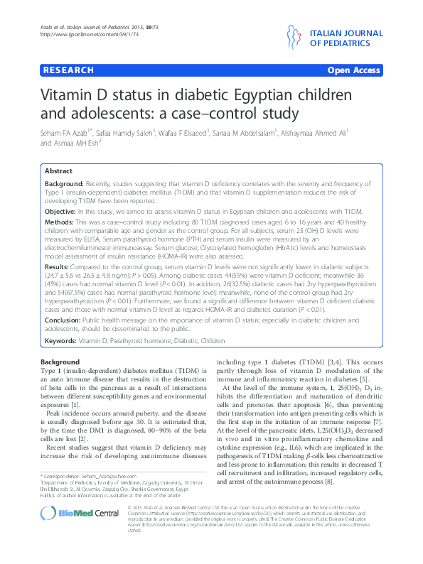 (PDF) Vitamin D status in diabetic Egyptian children and adolescents a
