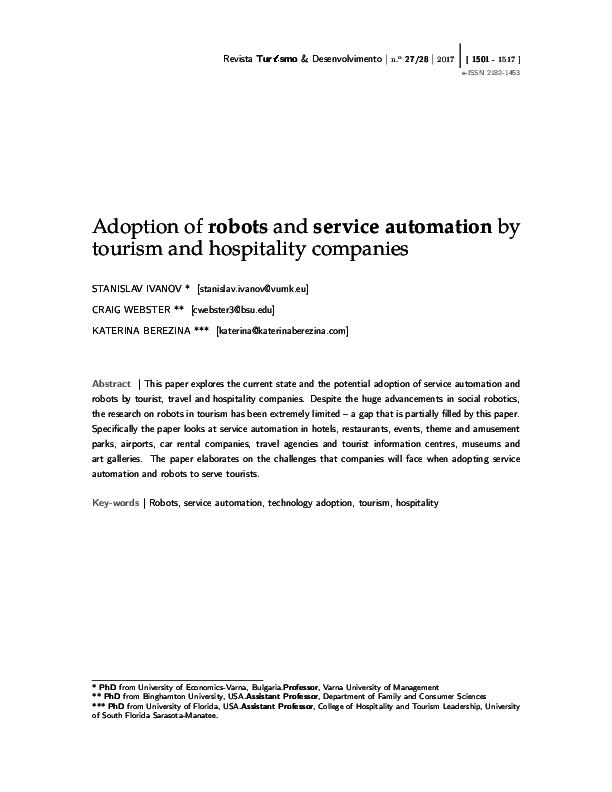 (PDF) Adoption of robots and service automation by tourism and ...