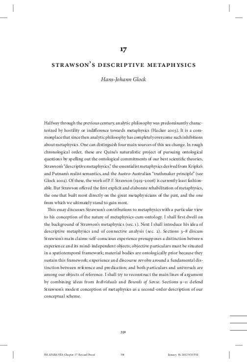 (PDF) Strawson’s Descriptive Metaphysics HansJohann Glock Academia.edu