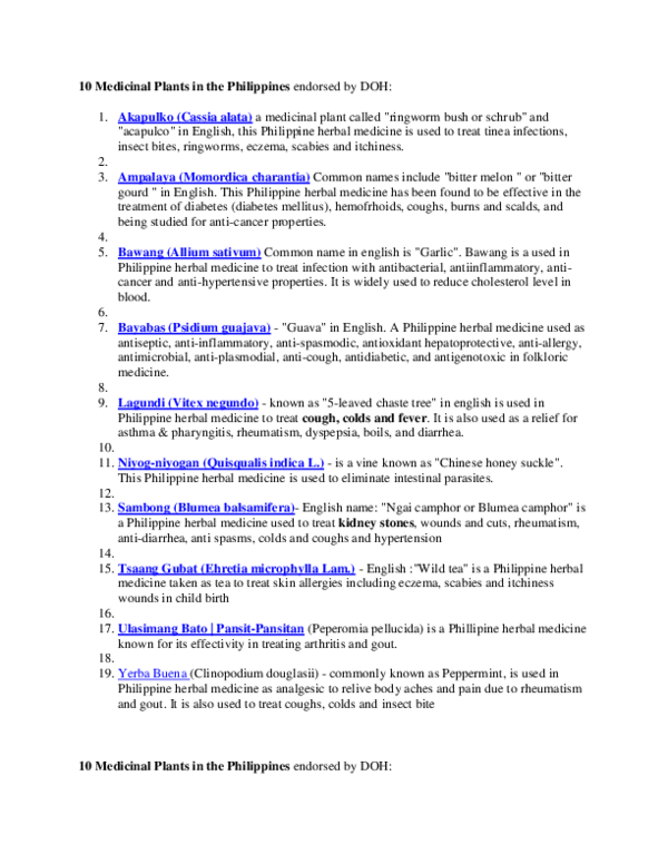 (DOC) 0 Medicinal Plants in the Philippines endorsed by DOH kitus jo