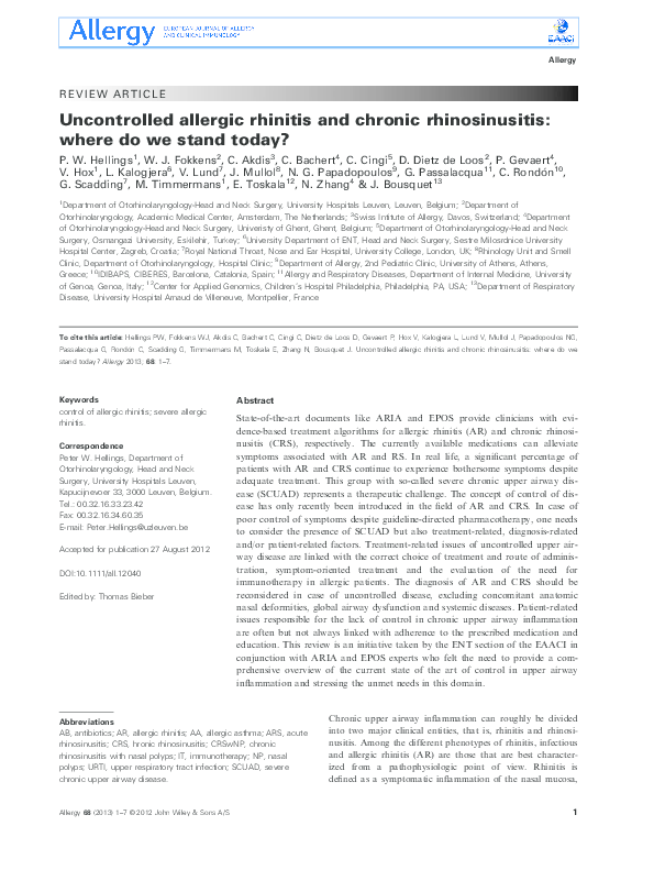 (PDF) Uncontrolled allergic rhinitis and chronic rhinosinusitis: where ...