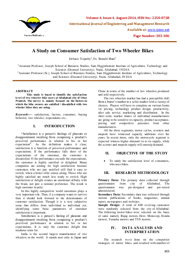 (PDF) A Study on Consumer Satisfaction of Two Wheeler Bikes