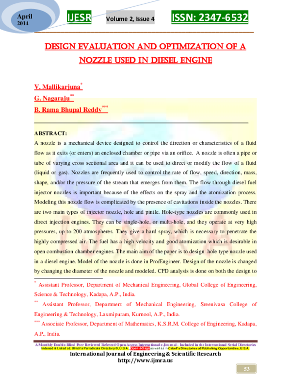 (PDF) DESIGN EVALUATION AND OPTIMIZATION OF A NOZZLE USED IN DIESEL ENGINE