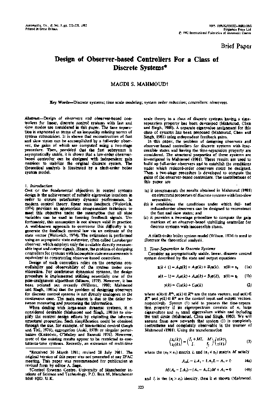 (PDF) Design of observer-based controllers for a class of discrete systems