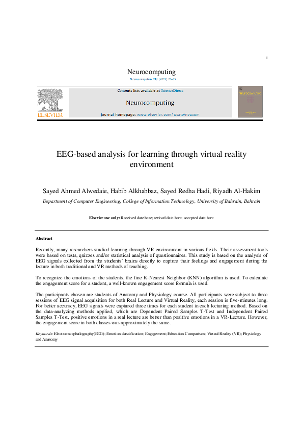 (PDF) EEG-based analysis for learning through virtual reality environment