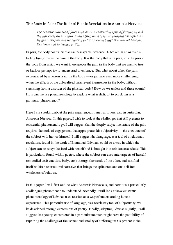 (DOC) The Body in Pain: The Role of Poetic Revelation in Anorexia Nervosa