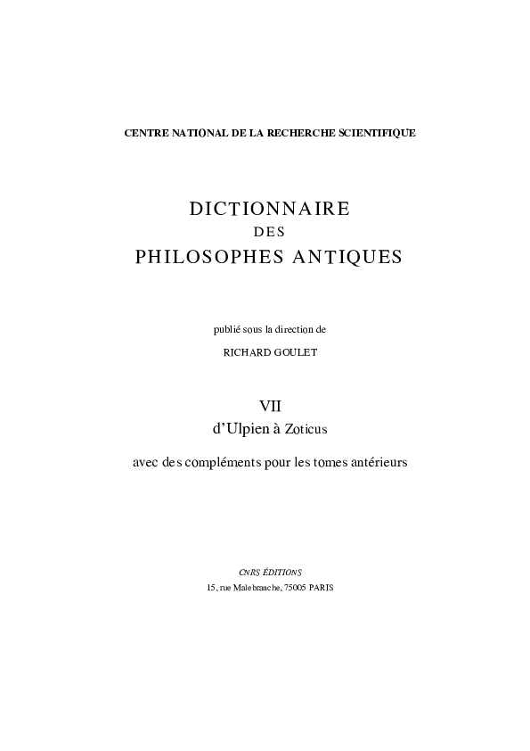 (PDF) Dictionnaire des philosophes antiques publié sous la direction de