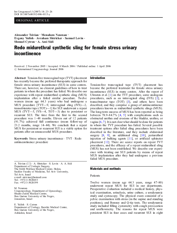 (PDF) Redo midurethral synthetic sling for female stress urinary ...
