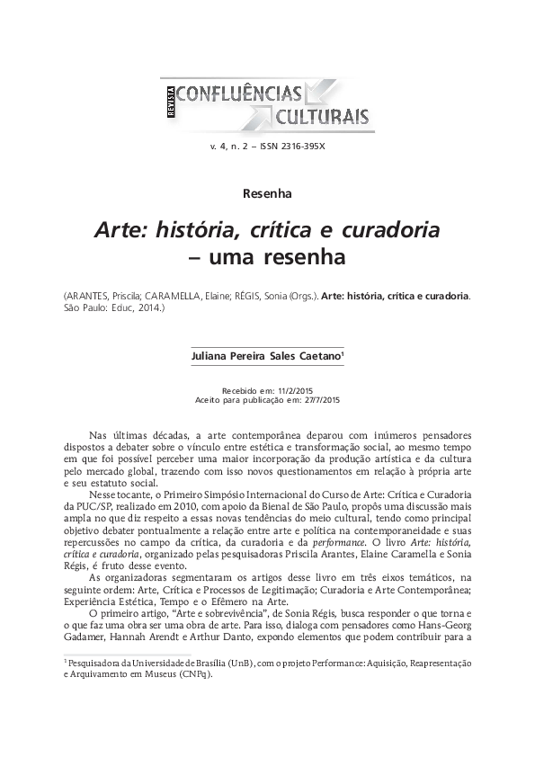 (PDF) Arte história, crítica e curadoria uma resenha Juliana Pereira Sales Caetano