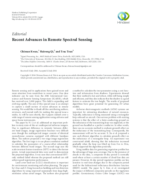 (PDF) Editorial Recent Advances in Remote Spectral Sensing