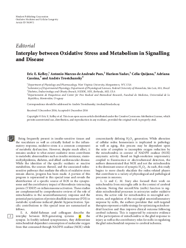 (PDF) Editorial Interplay between Oxidative Stress and Metabolism in ...