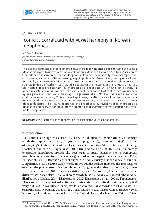 (PDF) Iconicity correlated with vowel harmony in Korean ideophones