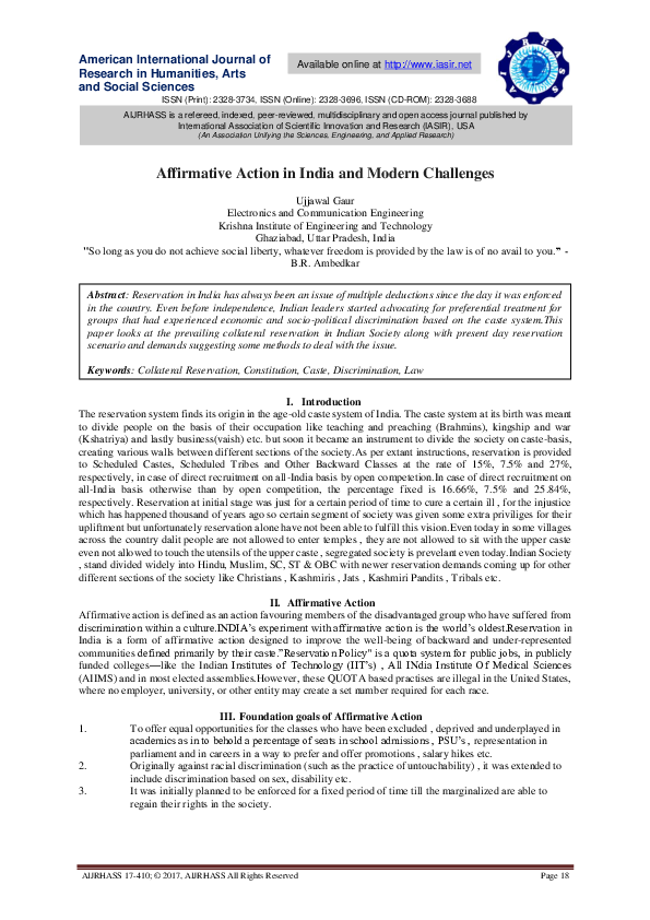 (PDF) Affirmative Action in India and Modern Challenges Iasir
