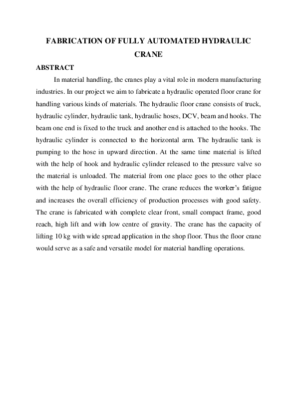 (DOC) FABRICATION OF FULLY AUTOMATED HYDRAULIC CRANE SURESH KUMAR