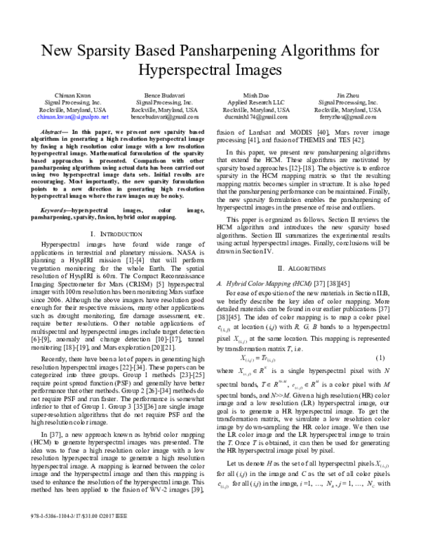 (PDF) New Sparsity Based Pansharpening Algorithms for Hyperspectral Images