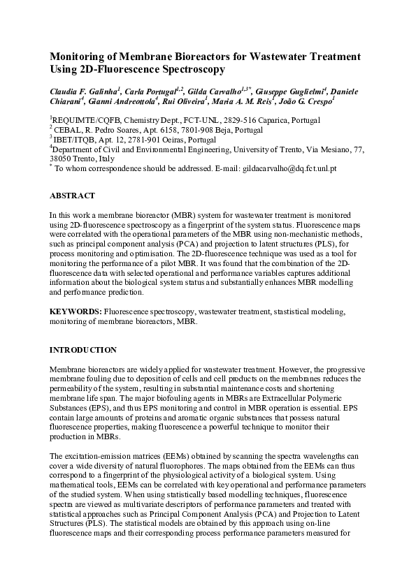 (PDF) Monitoring of Membrane Bioreactors for Wastewater Treatment Using