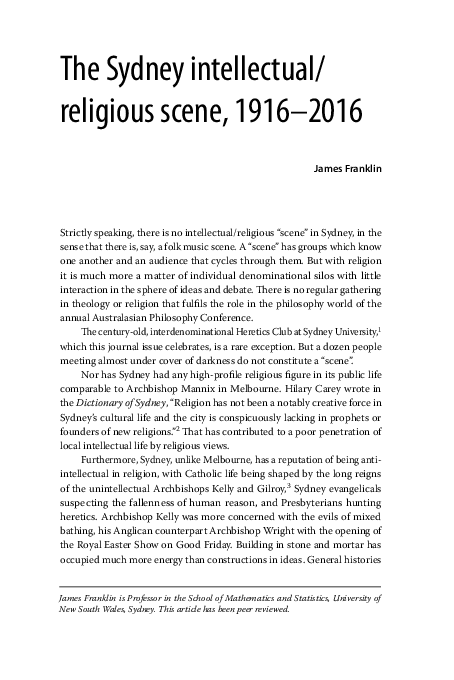 Pdf The Sydney Intellectual Religious Scene 1916 16 James Franklin Academia Edu