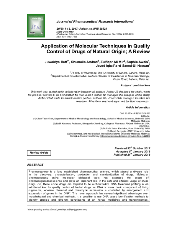 (PDF) Application of Molecular Techniques in Quality Control of Drugs of Natural Origin; A