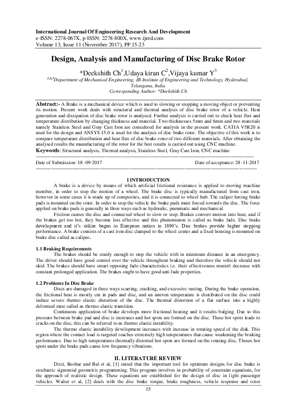 (PDF) Design, Analysis and Manufacturing of Disc Brake Rotor IJERD