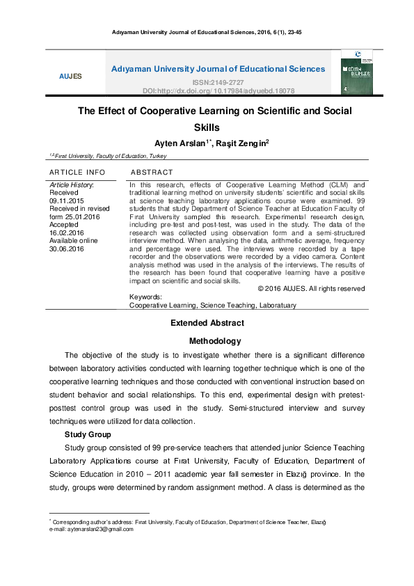 (PDF) The Effect of Cooperative Learning on Scientific and Social Skills