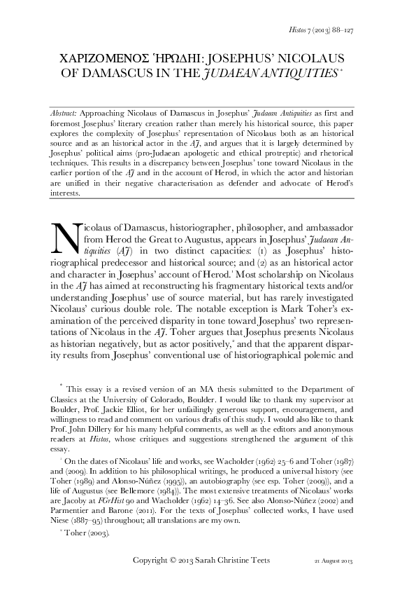 (PDF) Josephus' Nicolaus of Damascus in the Judean Antiquities Sarah