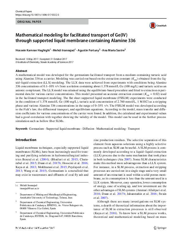 (PDF) Mathematical modeling for facilitated transport of Ge(IV) through ...