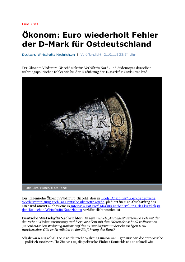 Pdf Okonom Euro Wiederholt Fehler Der D Mark Fur Ostdeutschland