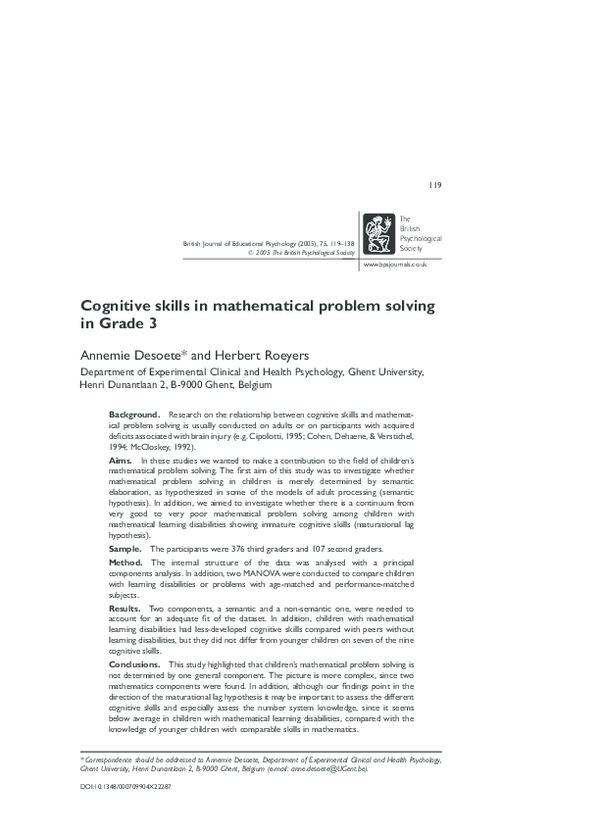 (PDF) Cognitive skills in mathematical problem solving in Grade 3