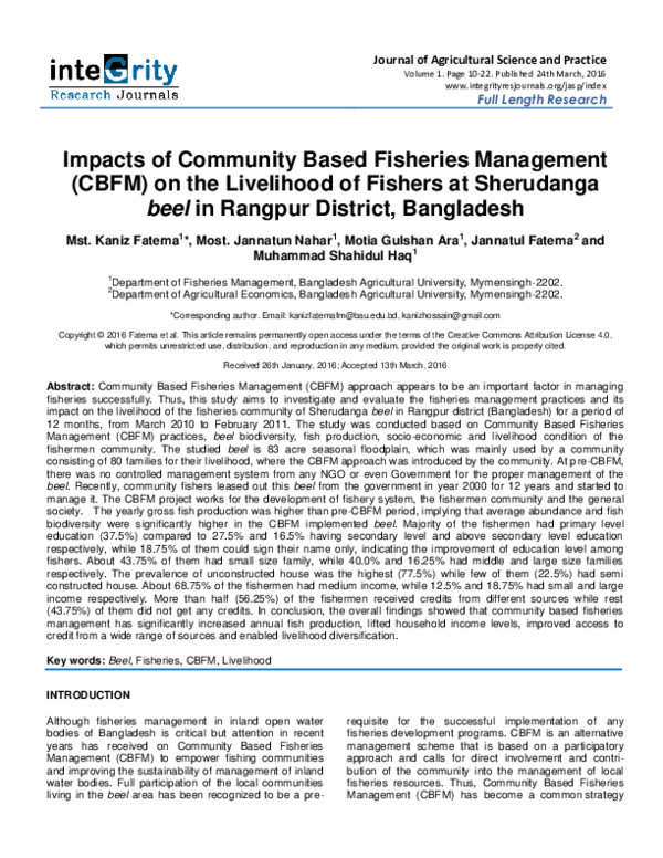(PDF) Impacts of Community Based Fisheries Management (CBFM) on the ...