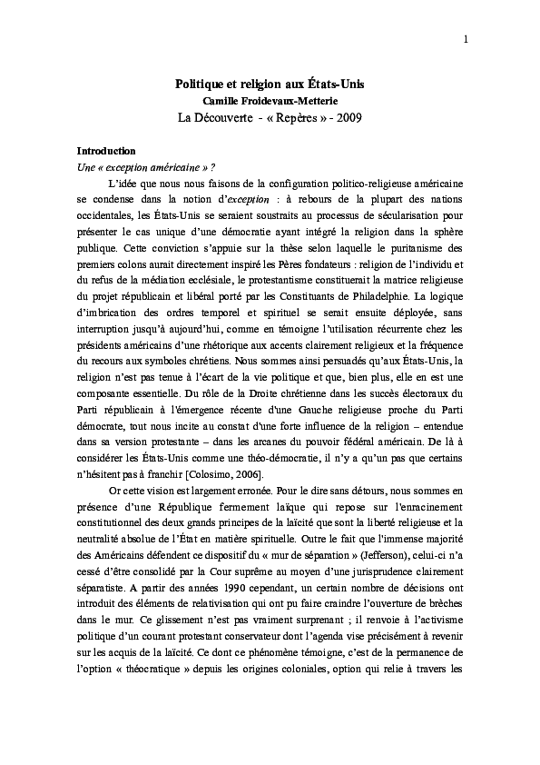 (PDF) POLITIQUE ET RELIGION AUX ÉTATS-UNIS - La Découverte - 2009